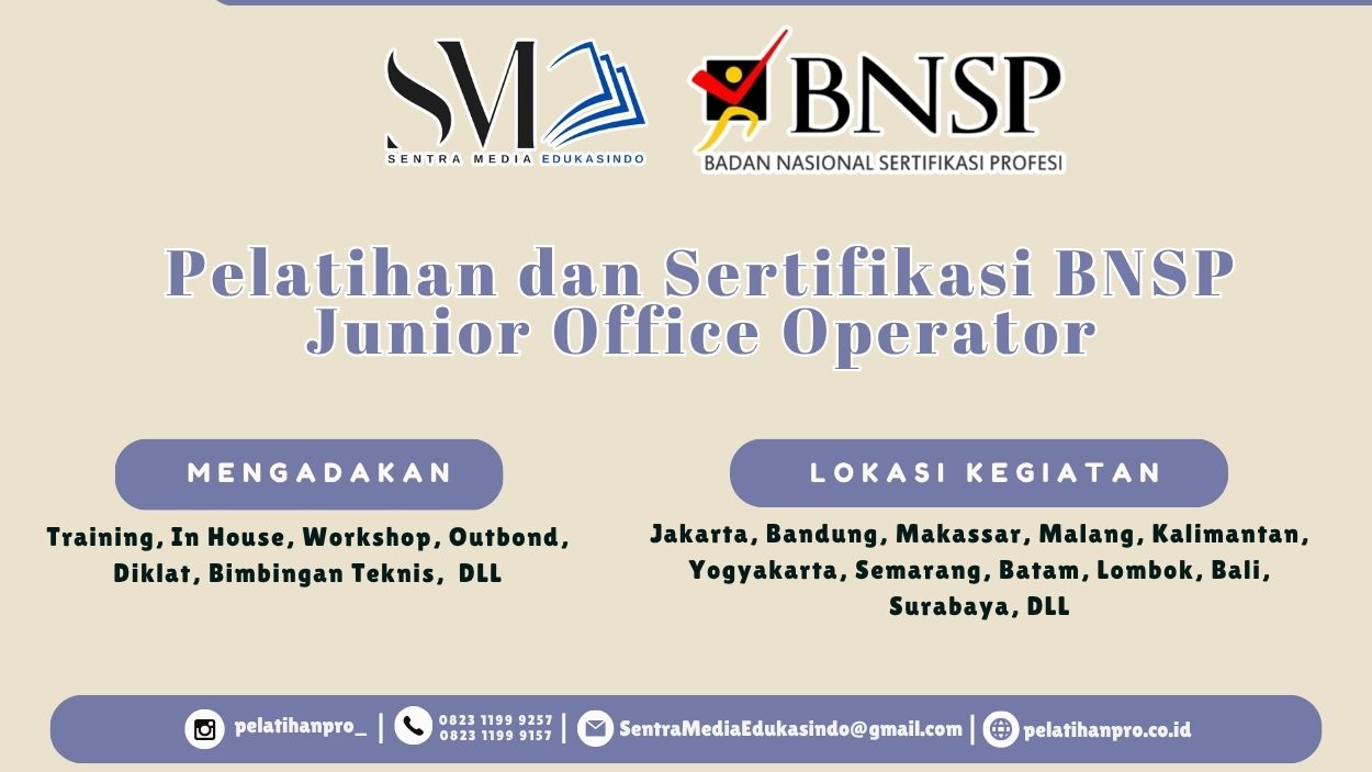Pelajari kompetensi Junior Office Operator dan raih Sertifikasi BNSP untuk meningkatkan profesionalisme administrasi perkantoran tahun 2026.